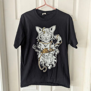 Cat Eating Ramen Graphic Tee - Black - Oversize M - Kawaii